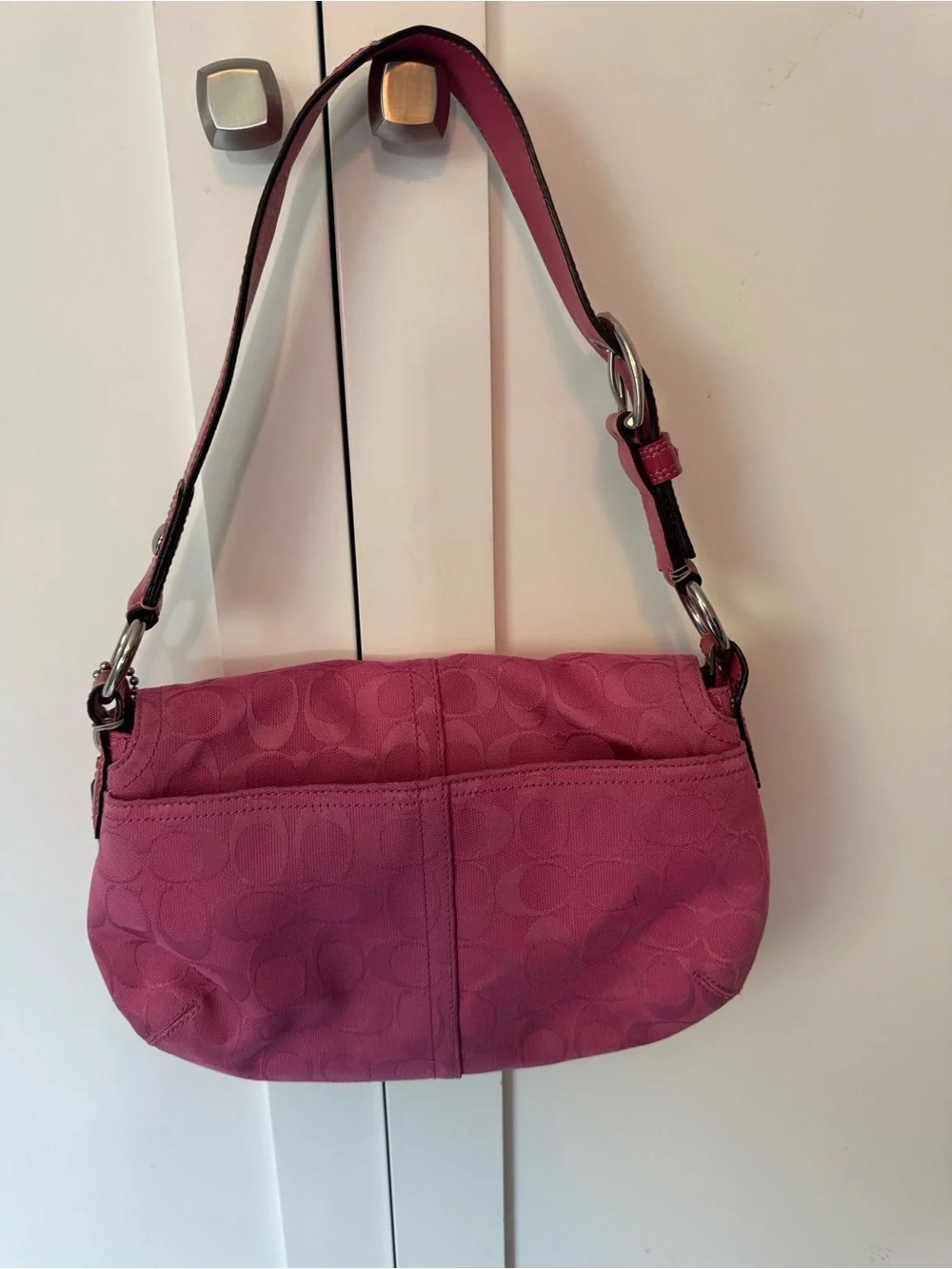 Coach Hot Pink Signature Canvas Shoulder Bag with Buckle Trim